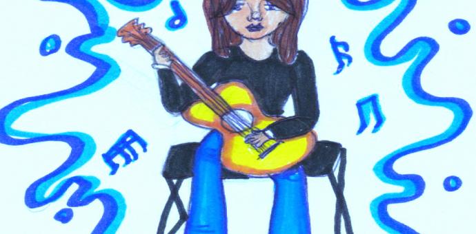 Joonistatud Liisa mängib kitarri